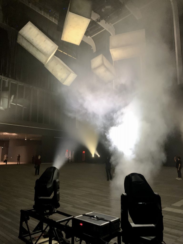 A smoke machine at work during the <em>Drifters</em> performance at the Shed. Photo by Ben Davis.