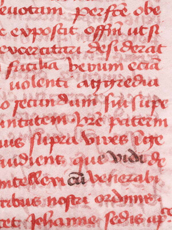 Infrared light exposed altered text in the Tartar Relation, the authentic medieval manuscript that the map was bound with when it arrived at Yale. Analysis showed the altered text is composed of modern ink. Photo courtesy of Yale University, New Haven, Connecticut. 