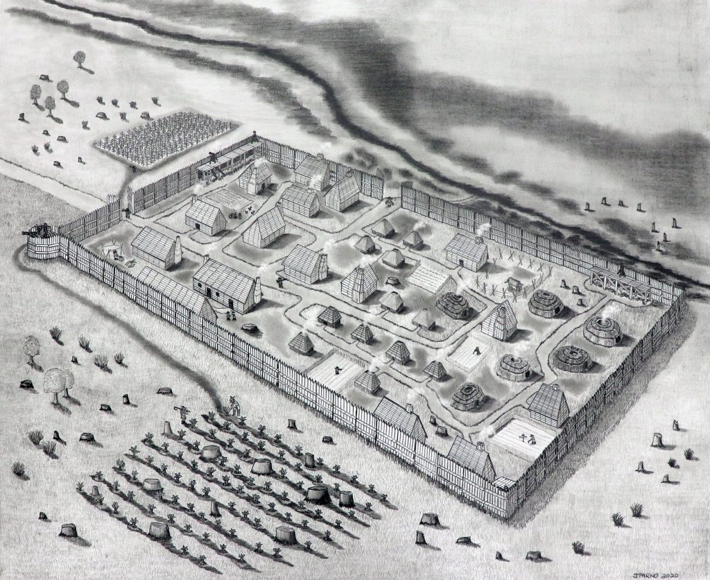 Illustration of St. Mary’s Fort as it likely appeared during its construction in 1634 fort by Jeffrey R. Parno. Courtesy of Historic St. Mary's City.