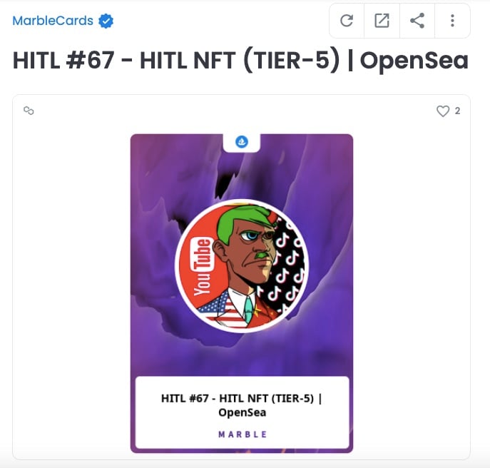 Screenshot of one of the HITL NFT Marble Cards on OpenSea.