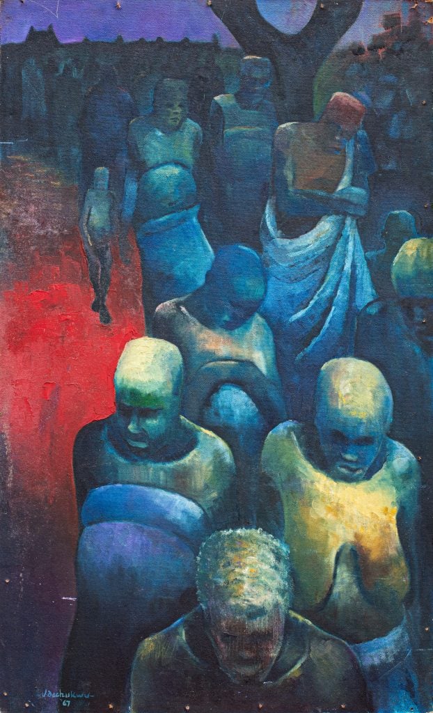 Obiora Udechukwu, Silent faces at the crossroads (1967). Courtesy of Ko Gallery.