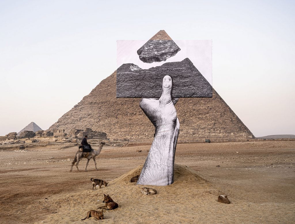 JR's Greetings from Giza installation in "Forever is Now." Courtesy of the artist and Art D’Egypte.