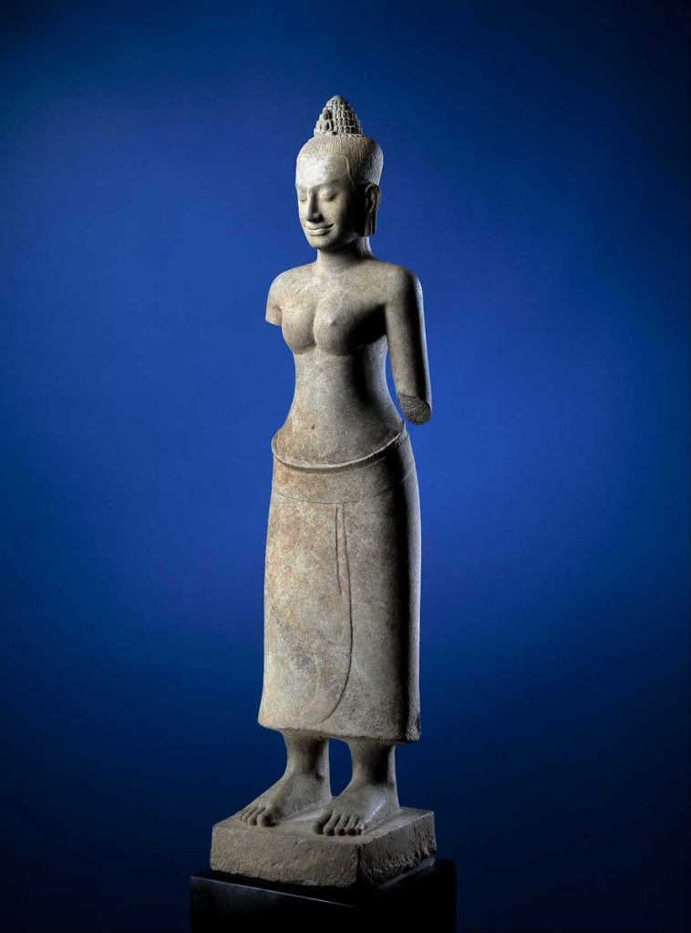 The Denver Art Museum is repatriating this late 12th century sandstone Prajnaparamita statue, of the Goddess of Transcendent Wisdom, to Cambodia. The work was sold by dealer Douglas Latchford, now known to have used offshore accounts to manage his collection of Khmer antiquities after he was accused in dealing in looted art. Photo courtesy of the Denver Museum of Art.
