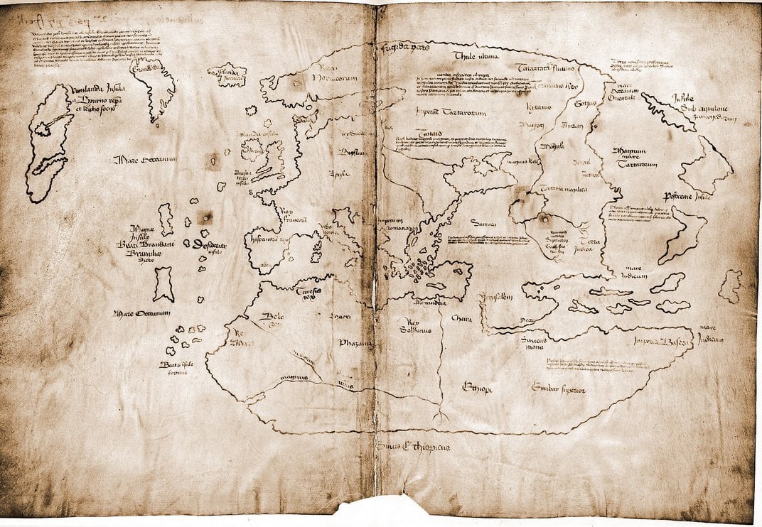 Yale University's Vineland Map, thought to be the earliest depiction of North America, is now proven to be a modern fake. Collection of Yale’s Beinecke Rare Book and Manuscript Library, New Haven, Connecticut, public domain.