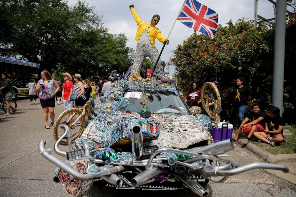 Reagan High School's art car parade entry titled Bohemian Rhapsody at the 2016 Houston Art Car Parade. Photo by Elizabeth Conley for the <em>Houston Chronicle</em>, courtesy of the Orange Show Center for Visionary Art, Houston.