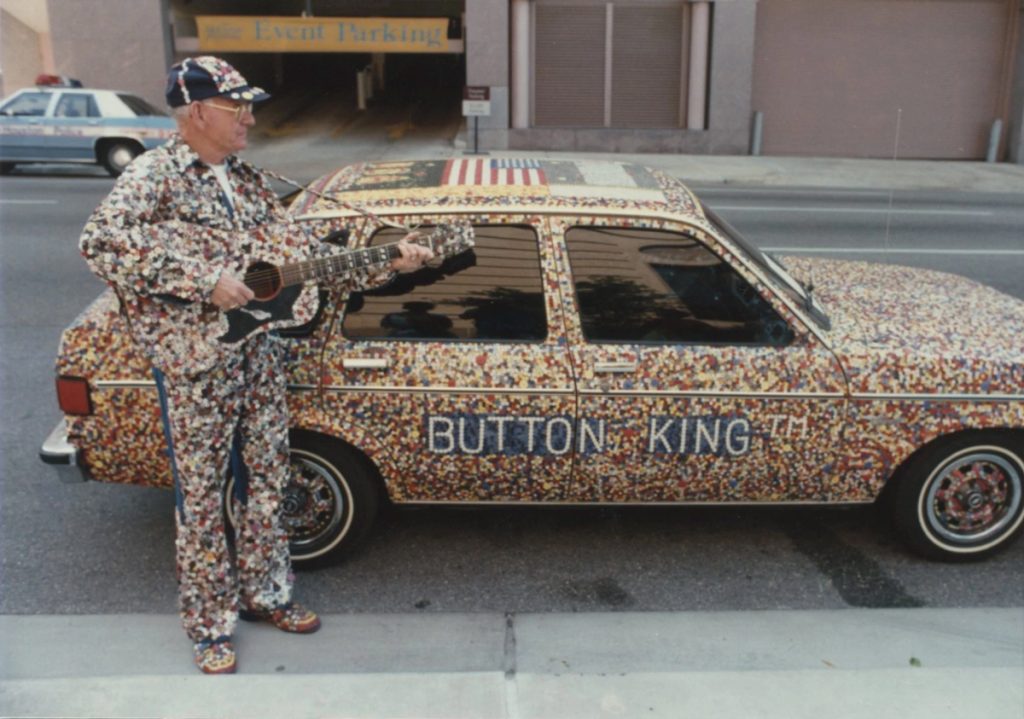 The Button King's Art Car at the Houston Art Car Parade. Photo courtesy of the Orange Show Center for Visionary Art, Houston.