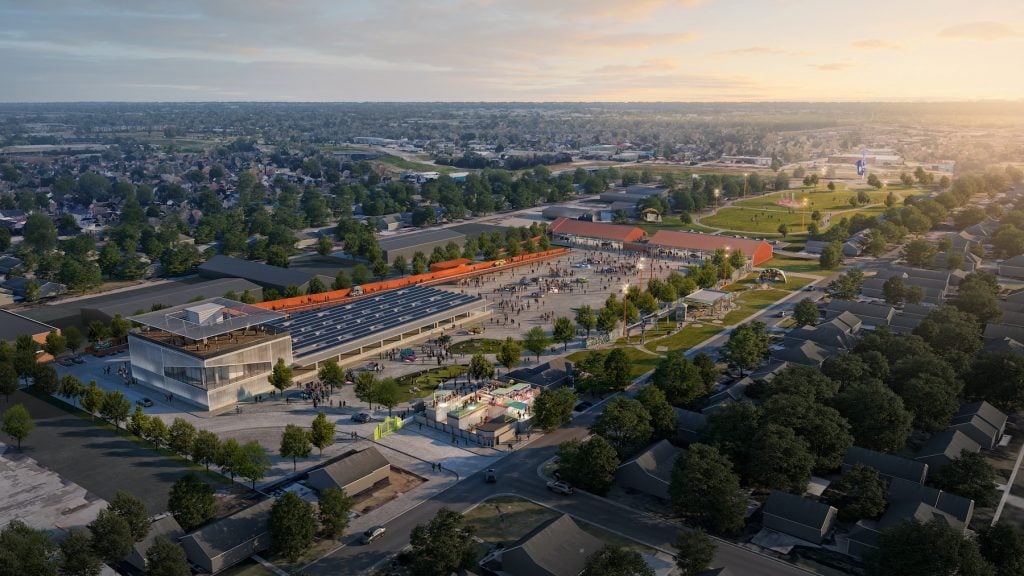 Rendering of the aerial view of the Orange Show Center for Visionary Art Campus and Fonde Park extension. Image courtesy of the Orange Show Center for Visionary Art, Houston, and Rogers Partners.
