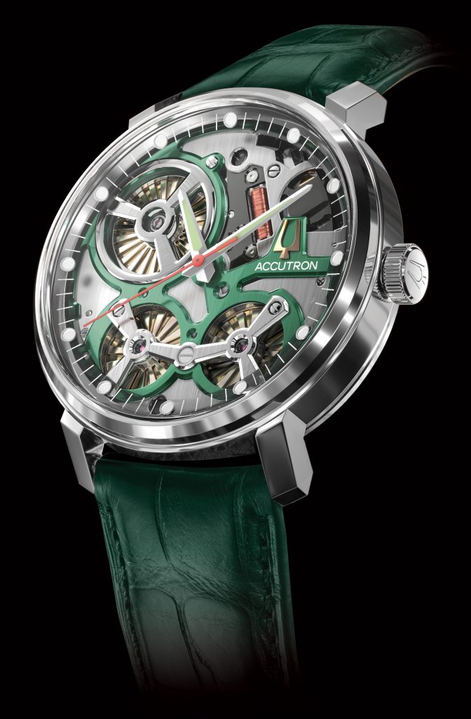 The electrostatic Spaceview 2020, with a green genuine alligator strap. Courtesy of Accutron.