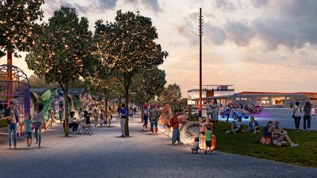 Rendering of Mosaic Alley at the Orange Show Center for Visionary Art Campus and Fonde Park extension. Image courtesy of the Orange Show Center for Visionary Art, Houston, and Rogers Partners.