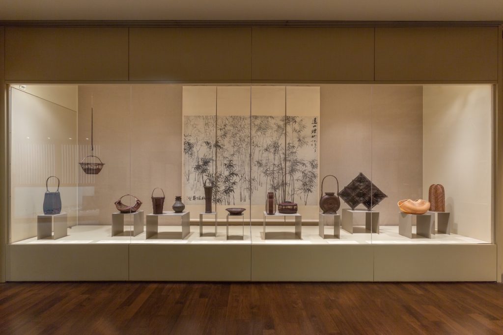 Diane and Arthur Abbey's collection of Japanese bamboo baskets at the Japanese galleries at the Metropolitan Museum of Art in 2017 and '18. Photo courtesy of Asia Week New York. 