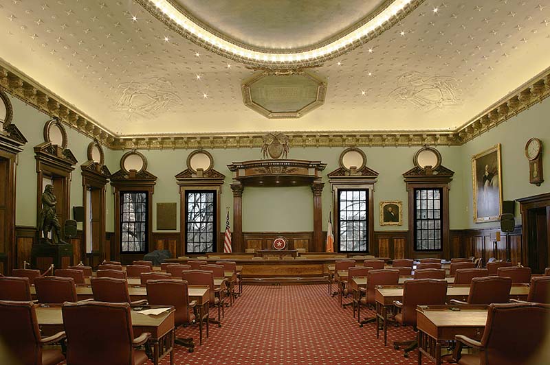 The restored New York City Council Chamber in 2012, with the Thomas Jefferson statue on the left. Photo by Glenn Castellano, courtesy of the New York City Public Design Commission.