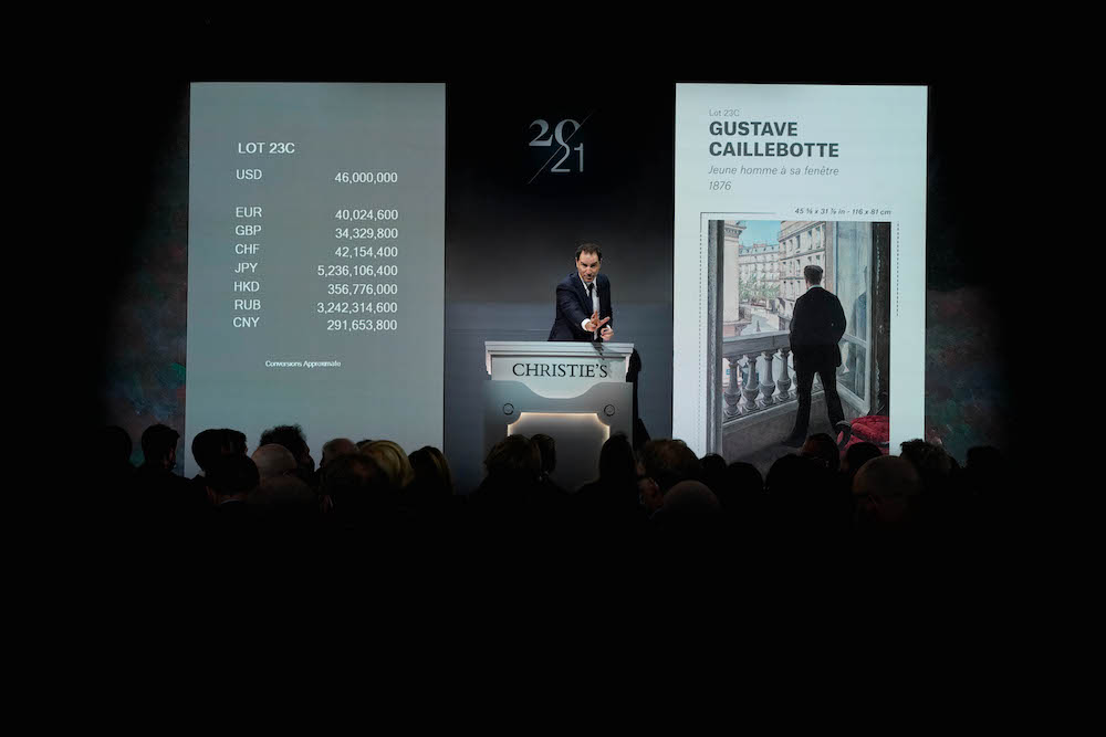 Adrien Meyer selling Gustave Caillebotte at the sale of the Cox Collection at Christie's. Image courtesy Christie's.