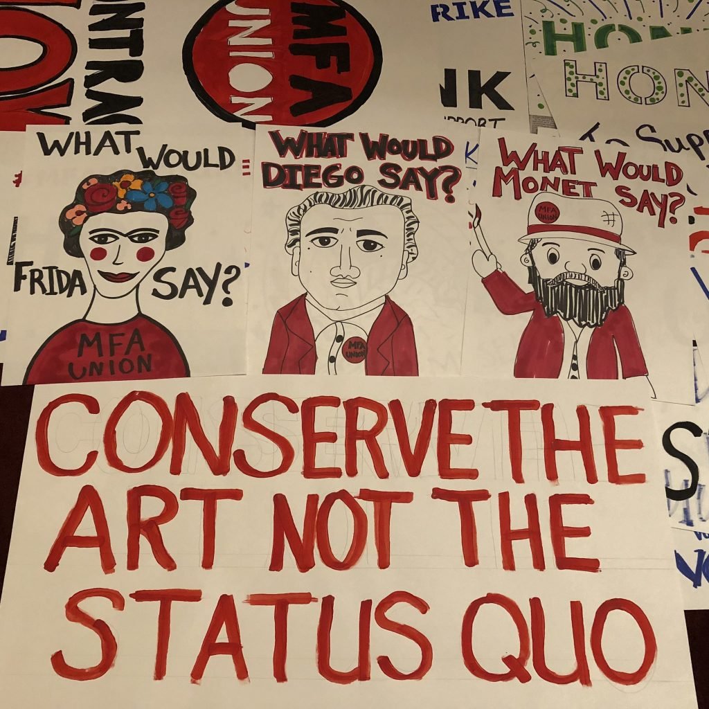 Signs created for the Museum of Fine Arts, Boston union's one-day strike. Courtesy of Paul McAlpine via Twitter.