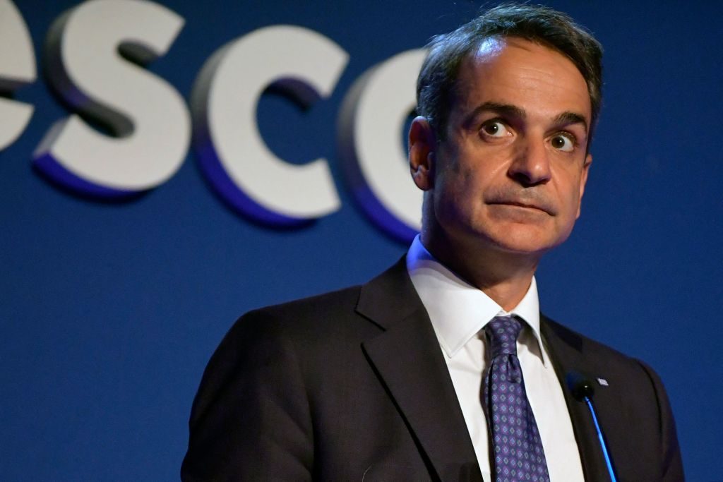 Greek Prime Minister Kyriakos Mitsotakis gives a speech during the 75th anniversary celebrations of The United Nations Educational, Scientific and Cultural Organization (UNESCO) at UNESCO headquarters in Paris on November 12, 2021. Photo: Julien de Rosa/AFP via Getty Images.