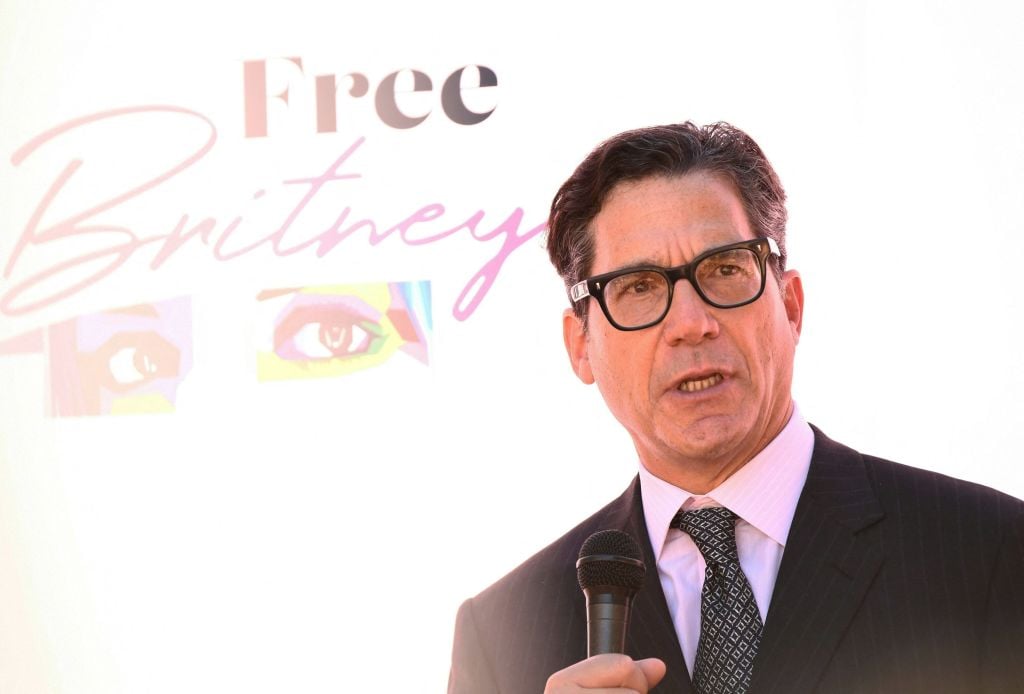 Britney Spears's attorney Mathew Rosengart speaks to the media following a conservatorship court hearing at the Stanley Mosk courthouse in Los Angeles on November 12, 2021. (Photo by PATRICK T. FALLON/AFP via Getty Images)