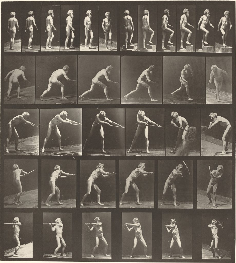 An example of Eadweard J Muybridge's work in "Human FIgure in Motion" Plate Number 521. A: Walking. B: Ascending step. C. Throwing disk. D: Using shovel. E, F. Using pick, 1887. (Photo by Heritage Art/Heritage Images via Getty Images).