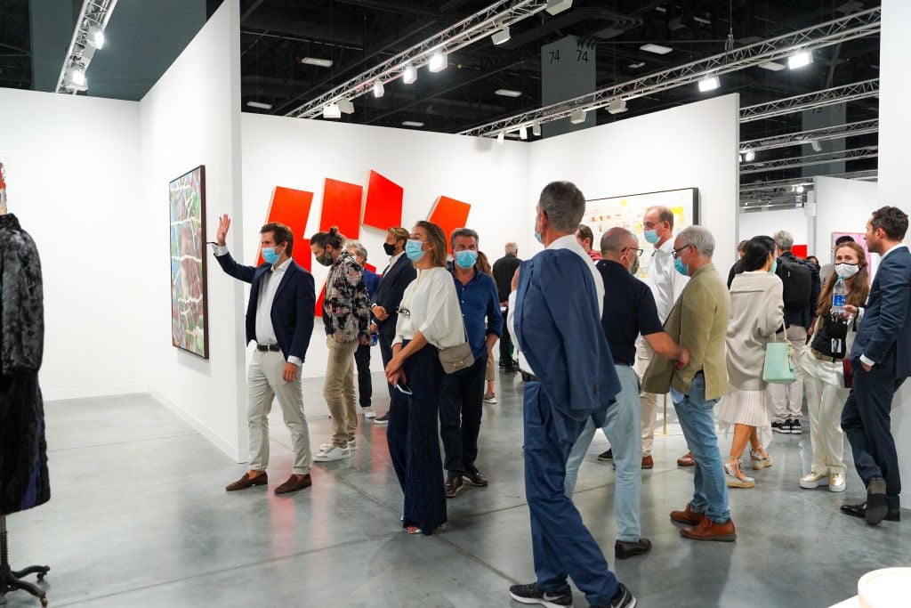 Kurimanzutto Gallery's booth at the VIP preview for Art Basel Miami Beach on November 30, 2021. (Photo by Sean Zanni/Patrick McMullan via Getty Images)