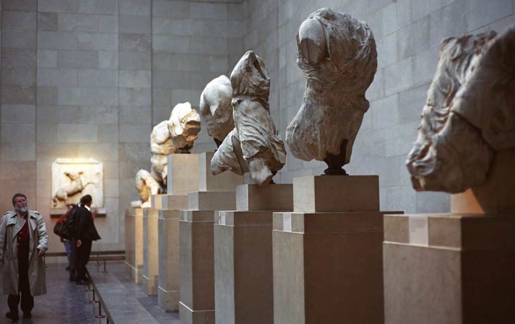Sculptures which form part of the "Elgin Marbles," taken from the Parthenon in Athens, Greece almost two hundred years ago by the British aristocrat, the Earl of Elgin, are on display January 21, 2002 at the British Museum in London, England. Photo by Graham Barclay, BWP Media/Getty Images.