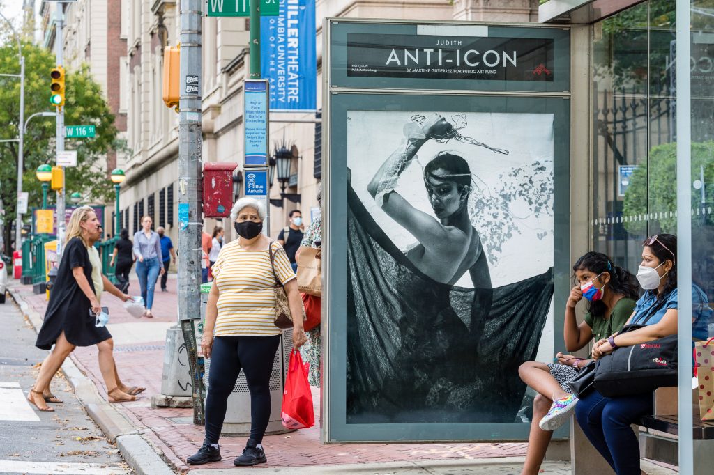 Martine Gutierrez, ANTI-ICON, Judith (2021) in New York City as part of “Martine Gutierrez: Anti-Icon,” an exhibition on 300 JCDecaux bus shelters across New York City, Chicago, and Boston (August 25–November 21, 2021). Photo by Nicholas Knight, courtesy of Public Art Fund, New York. Artwork courtesy the artist and Ryan Lee Gallery, New York.