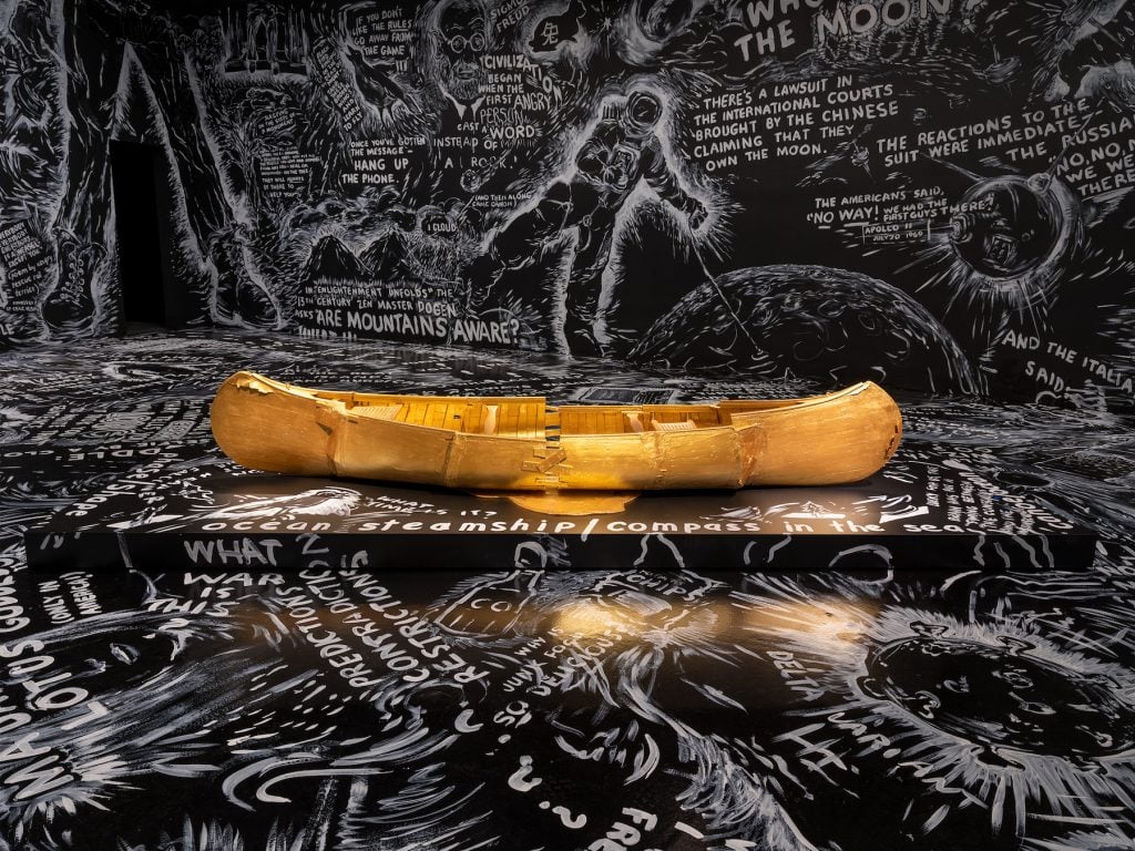 Laurie Anderson, <em>To Carry Heart’s Tide (The Canoe)</em> (2020). Installation view from “Laurie Anderson: The Weather” at the Hirshhorn Museum and Sculpture Garden, 2021. Photo by Ron Blunt.