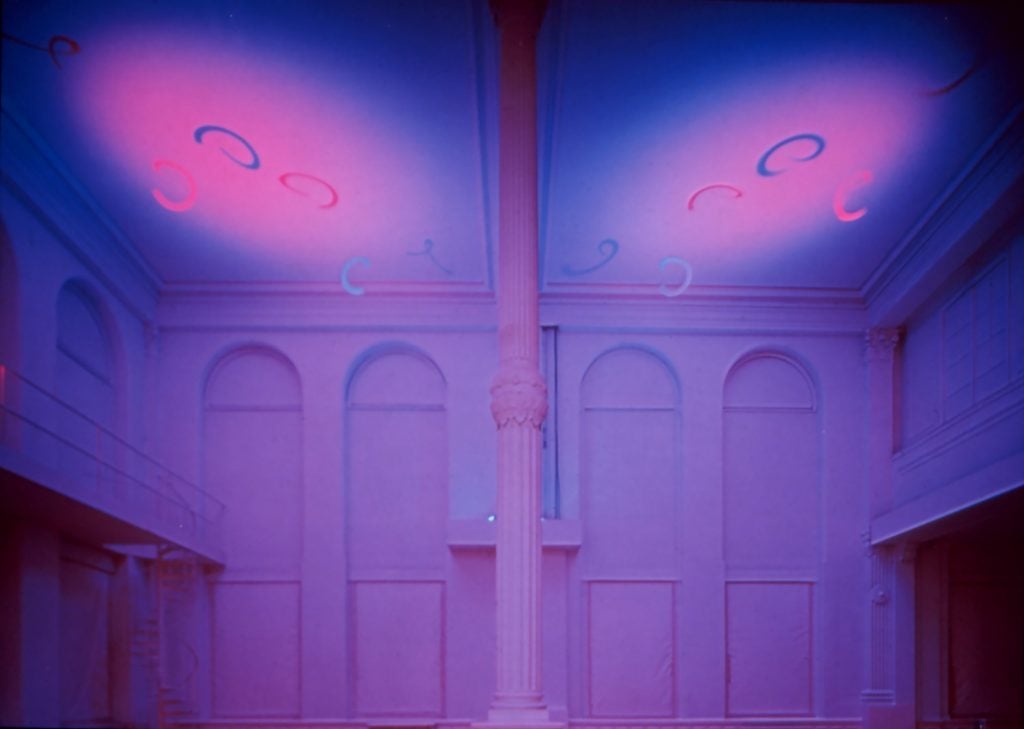 Marian Zazeela, <em>The Magenta Lights</eM> (1981). Light Environment installation at the 6 Harrison Street Dream House, New York. Photo by John Cliett, ©La Monte Young and Marian Zazeela, 1987.