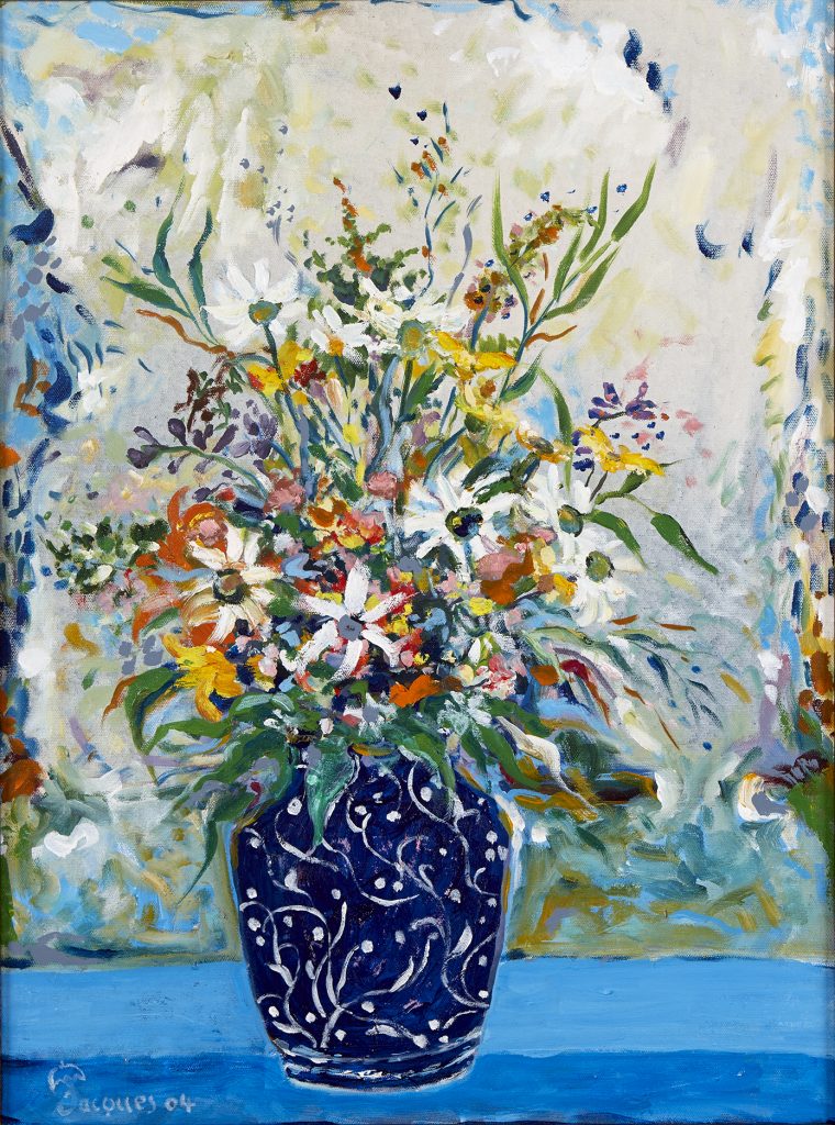 Jacques Pépin, <em>Patterned Blue Vase</em> (2004). Photo by Thomas Hopkins. ” width=”760″ height=”1024″ srcset=”https://news.artnet.com/app/news-upload/2021/11/Patterned-Blue-Vase-18×24-acrylic-on-canvas-001511-760×1024.jpg 760w, https://news.artnet.com/app/news-upload/2021/11/Patterned-Blue-Vase-18×24-acrylic-on-canvas-001511-223×300.jpg 223w, https://news.artnet.com/app/news-upload/2021/11/Patterned-Blue-Vase-18×24-acrylic-on-canvas-001511-37×50.jpg 37w, https://news.artnet.com/app/news-upload/2021/11/Patterned-Blue-Vase-18×24-acrylic-on-canvas-001511.jpg 1390w”></p>



<p>Jacques Pépin, <em>Patterned Blue Vase</em> (2004). Photo by Thomas Hopkins.</p>



<p><strong>Looking at cooking as an art form, how important is the visual component to making good food?</strong></p>



<p>There is an aesthetic with food, but I have never emphasized the presentation, even when I was with Julia Child or other shows that I did on television. Of course I like food to look nice, but the most important part of food—the essence—is taste.</p>



<p><strong>Is there any food item you don’t like to paint, that you don’t find appealing as an artist?</strong></p>



<p>Not really! When I paint food, very often it’s very abstract or stylized. I don’t try to reproduce things exactly as they are. I look for a feeling, an emotion, for a structure in the canvas or an exploration of color more than anything else.</p>



<p>My daughter loves my abstract paintings. But they always end up with some kind of buffet table or some kind of picnic, something that is related to food to a certain extent even without realizing it. I guess I can’t escape myself.<img decoding=