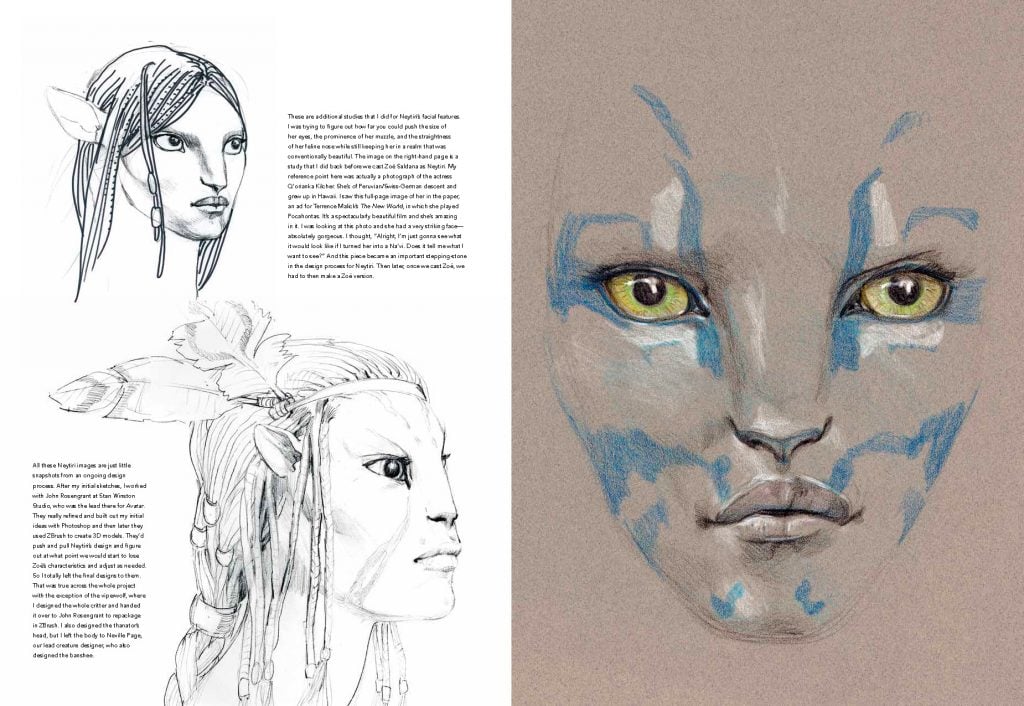 A spread from Tech Noir: The Art of James Cameron, 2021 featuring early illustrations of the Na'vi from Avatar (2009). Courtesy of Insight Editions.