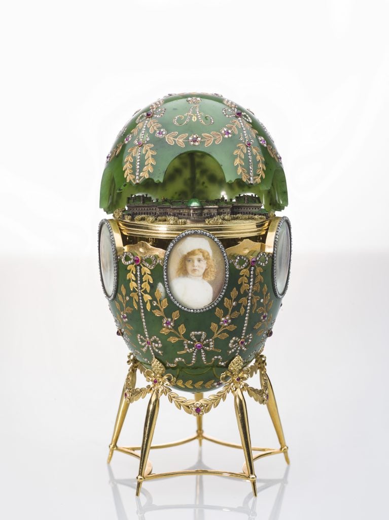 The Alexander Palace Egg, g, Fabergé. Chief Workmaster Henrik Wigström. 1908 © The Moscow Kremlin Museums. Courtesy of the V&A.