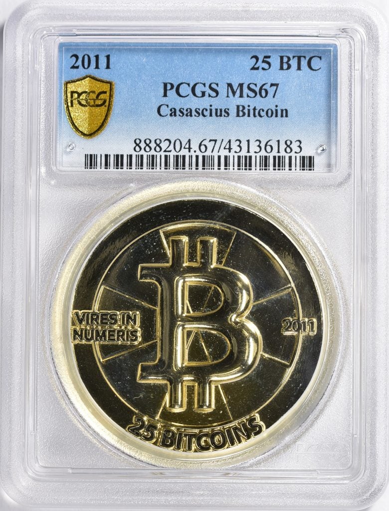A BTC Casascius Bitcoin Gold-Plated Coin. Image courtesy GreatCollections.