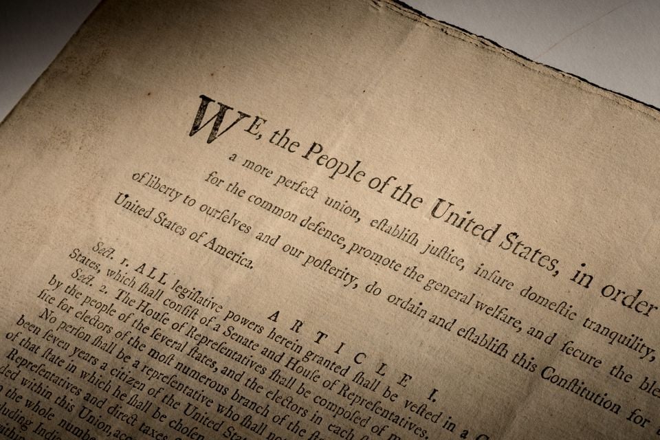 A first edition copy of the Constitution offered at Sotheby's for an estimate of $15 million to $20 million sold for $43.2 million, setting the record for the most expensive book, manuscript, historical document, or printed text at auction. Photo by Ardon Bar-Hama, courtesy of Sotheby's.