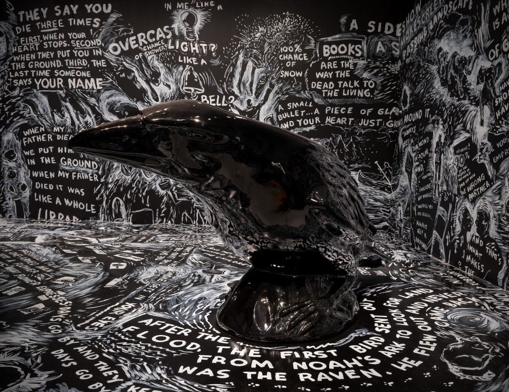 Laurie Anderson, <em>The Witness Protection Program (The Raven) </em> (2020). Installation view from “Laurie Anderson: The Weather” at the Hirshhorn Museum and Sculpture Garden, 2021. Courtesy of the artist. Photo by Ron Blunt. 