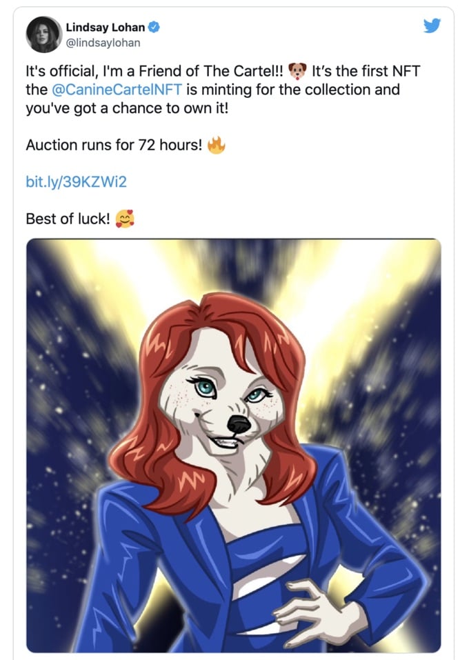 Screenshot of Lindsay Lohan's now-deleted Tweet announcing her collaboration with Canine Cartel.