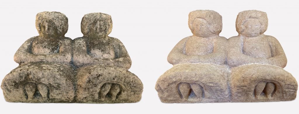William Edmondson, <em>Martha and Mary</em> (ca. 1931–1937), both before and after conservation by Linda Nieuwenhuizen. Photo by Linda Nieuwenhuizen, courtesy of the American Folk Art Museum.