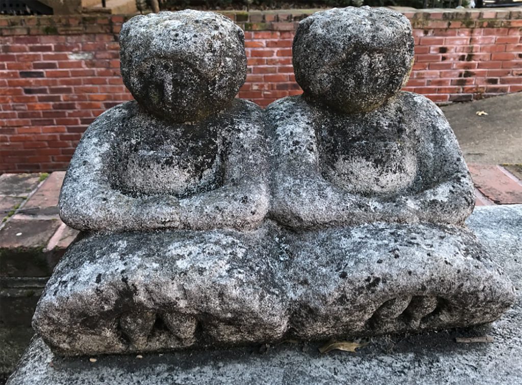 William Edmondson, Martha and Mary (ca. 1931–1937) as it was spotted by John Foster on a St. Louis porch. The piece is being donated to the American Folk Art Museum by museum trustee and street artist KAWS. Photo by John Foster, courtesy of the American Folk Art Museum.