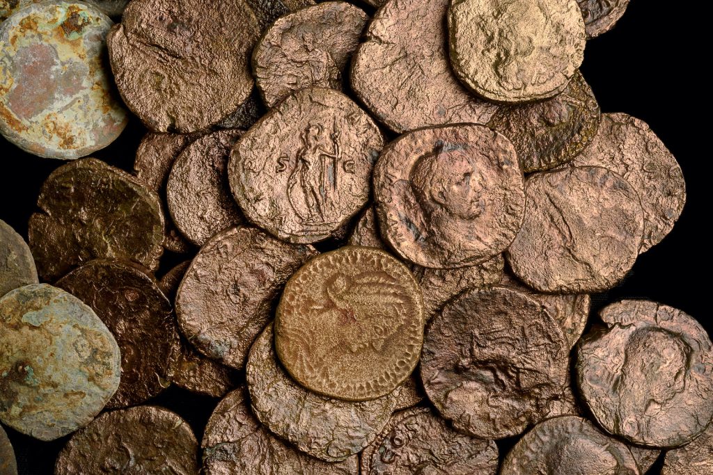 Hoard of coins from the Roman period. Photo: Dafna Gazit, Israel Antiquities Authority