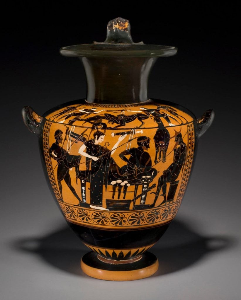 The Museum of Greek, Etruscan, and Roman Art at Fordham University surrendered about a hundred looted antiquities to the Manhattan D.A., including this hydria, or water jar, featuring the labors of Hercules. Photo courtesy of Fordham University.