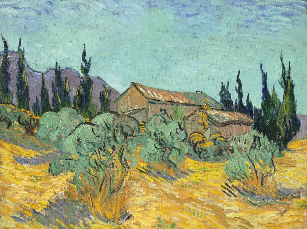 Vincent van Gogh, <i>Cabanes de bois parmi les oliviers et cyprès</i> (1889). Courtesy of Christie's Images, Ltd.