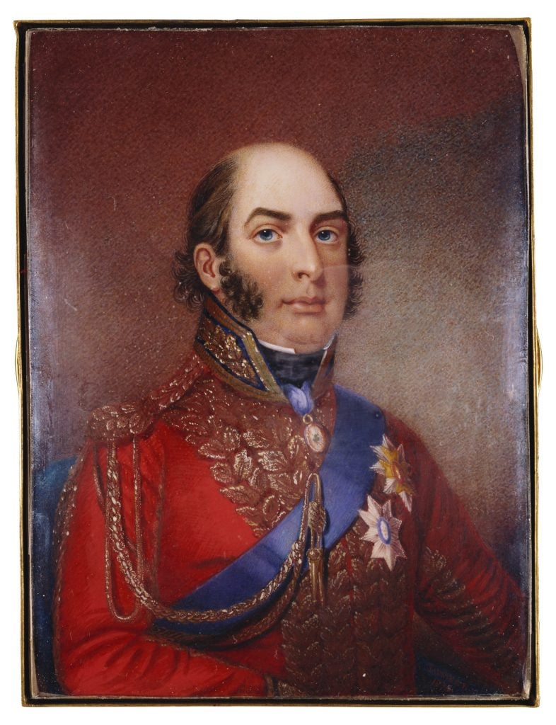 Sarah Biffin, <em>Edward, Duke of Kent</em> (1839). Queen Victoria purchased this watercolor miniature of her father from Biffin. Collection of the Royal Trust Collection.