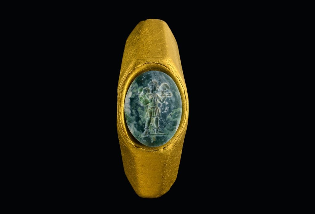 Gold ring with gemma engraved with the figure of the Good Shepherd. Photo: Dafna Gazit, Israel Antiquities Authority