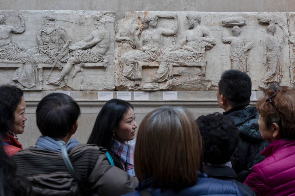 Sections of the Parthenon Marbles at the British Museum in London. (Photo by Dan Kitwood/Getty Images)