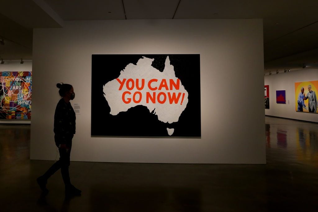 Work by Richard Bell at the MCA (Museum of Contemporary Art Australia) on October 12, 2021 in Sydney, Australia. Photo by Lisa Maree Williams/Getty Images.