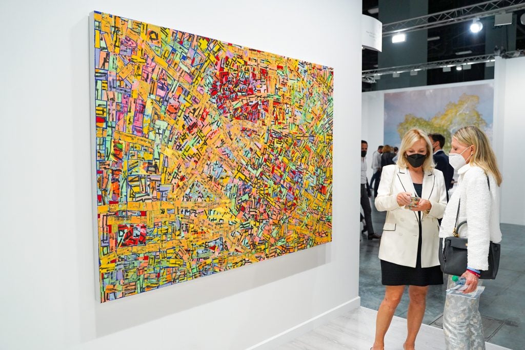 An untitled 2021 painting by Rick Lowe at Gagosian's Art Basel Miami Beach booth in 2021. (Photo by Sean Zanni/Patrick McMullan via Getty Images).