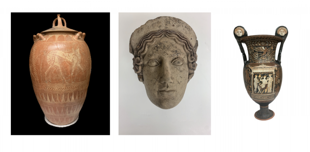 Pithos with Ulysses, Head of a Maiden, and Baltimore Painter Krater, three of some 200 stolen artifacts the Manhattan D.A. is repatriating to Italy. Photo courtesy of the Manhattan D.A.