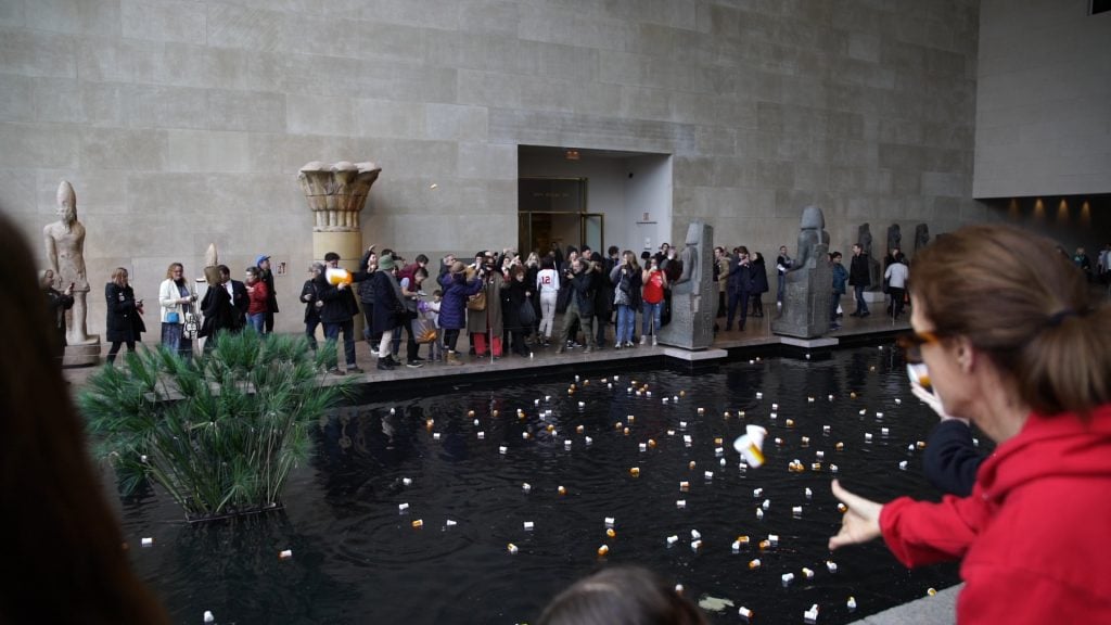 Sackler P.A.I.N.'s first protest against museums who have made naming arrangements with Purdue Pharma's Sackler family at the Temple of Metropolitan Museum of Art, New York. Photo by Thomas Pavia, courtesy of Sackler P.A.I.N.