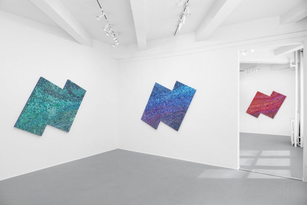 Installation view of Alteronce Gumby, " Somewhere Under the Rainbow / The Sky is Blue and What am I" at Charles Moffett Gallery. Image courtesy Charles Moffett Gallery.