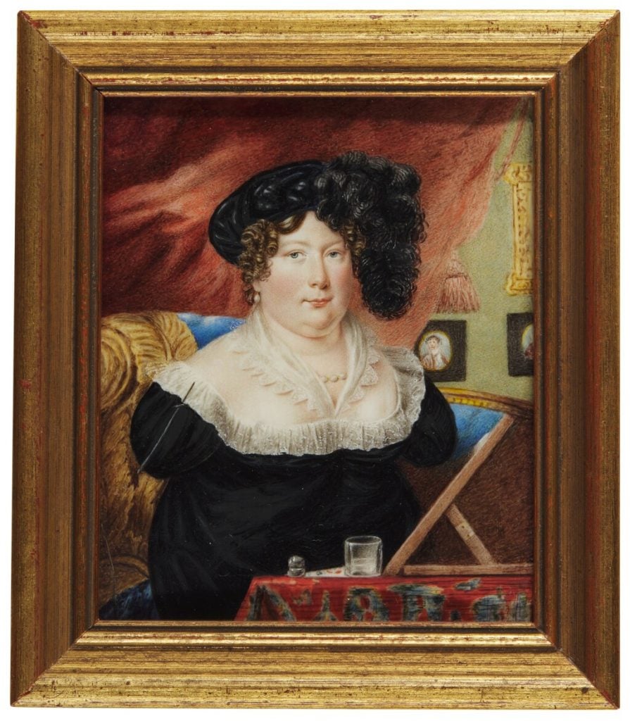 Sarah Biffin, Sarah Biffin Self Portrait Before Her Easel (ca. 1821). The watercolor on ivory sold for £137,500 ($180,125) on a high estimate of £1,800 ($2,360). Photo courtesy of Sotheby's London.