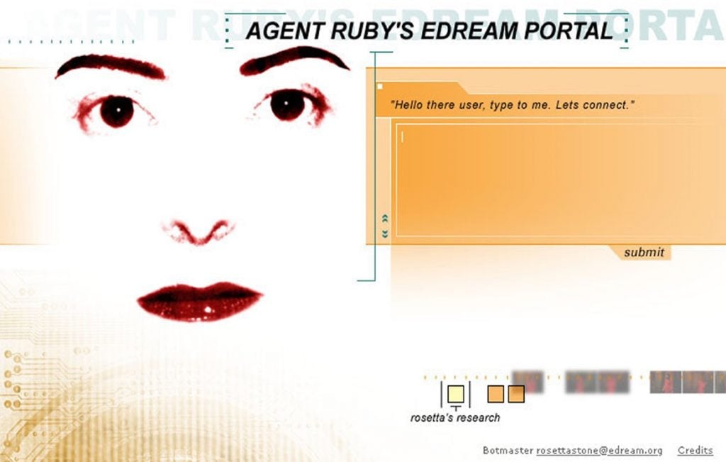 A página de destino do Agent Ruby por Lynn Hershman Leeson (20010. Cortesia do artista.