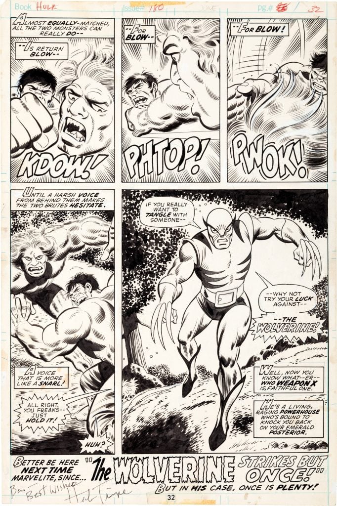 Herb Trimpe, <em>The Incredible Hulk</em> No. 180 (1974), introducing Wolverine, sold for $657,250 at Heritage Auctions in 2014, setting a record for a page of comic art at auction. Photo courtesy of Heritage Auctions. 