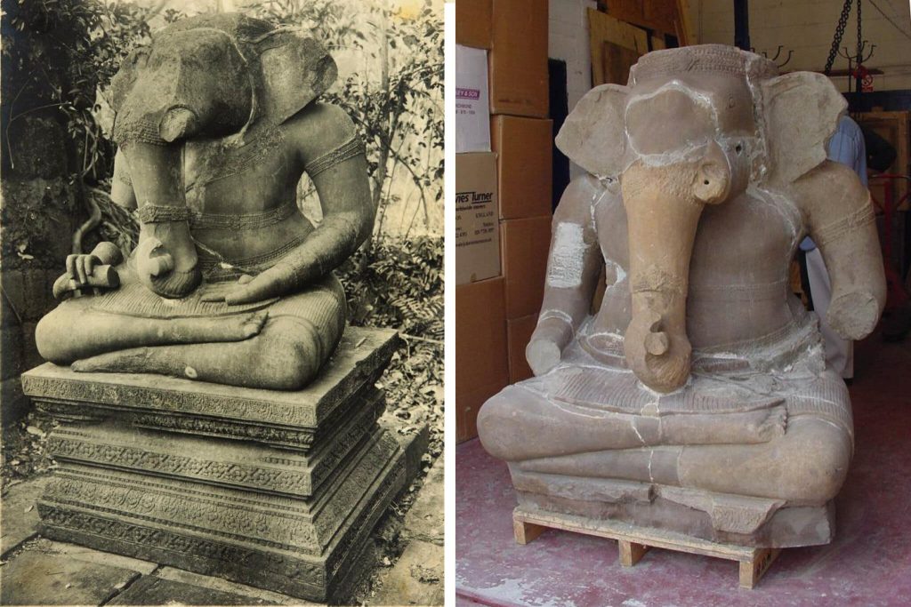 At left is Ganesha statue in Cambodia photographed by French archaeologists in 1934. On the right is what Cambodian officials believe to be the same piece in James H. Clark's storage unit. The late dealer Douglas Latchford is accused of having looted and sold the work to Clark, who has agreed to repatriate it. Photo courtesy of the Cambodian Government.
