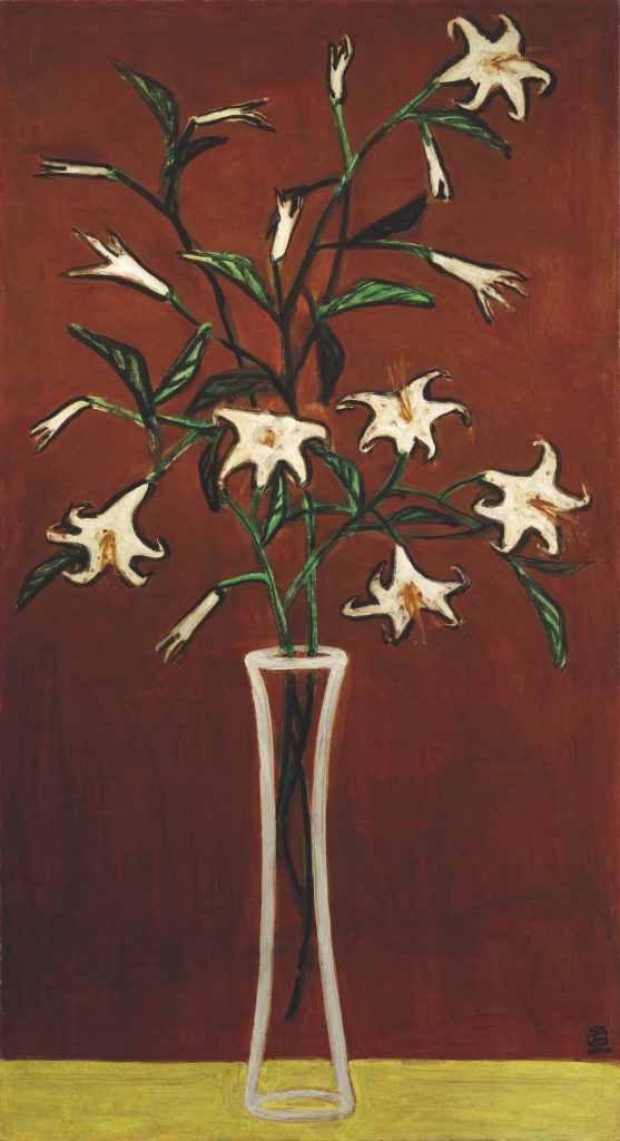 Sanyu, <i>Vase de lys sur fond marron (Vase of Lilies with Red Ground)</i> (ca. 1940s). Courtesy of Christie's Images, Ltd.